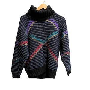 Hand Knitted in England for Artwork Multicolor Wool Turtleneck Womens Sweater NS